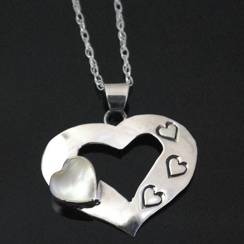 Ruth Ann Begay - Navajo<br>7/8" Pendant<br>Heart of White Mother of Pearl<br>Sterling Silver with Silver Chain