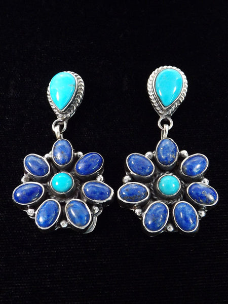 Z Ella Peter - Navajo Jewelry<br>Earrings - Dangle Post Flower<br>Cluster Turquoise & Lapis