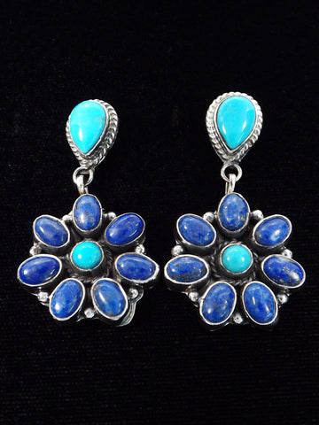 Z Ella Peter - Navajo Jewelry<br>Earrings - Dangle Post Flower<br>Cluster Turquoise & Lapis