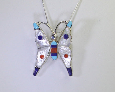 Pasqual Natewa (PN)- Zuni<br>Native American<br>Butterfly Pendant/Pin w Chain<br>Multi-inlay White Mother of Pearl, Lapis, Coral, Turquoise<br>with 18" Silver Snake Chain