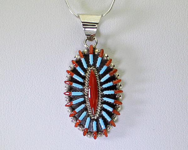 Z Ed Cooyate (Zuni)<br>Oval Pendant w Chain <br>Native American Jewelry<br>Needlepoint Turquoise & Coral<br>Set in Silver with 18" Snake Chain