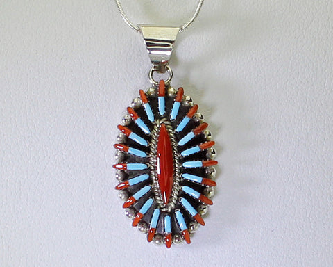 Z Ed Cooyate (Zuni)<br>Oval Pendant w Chain <br>Native American Jewelry<br>Needlepoint Turquoise & Coral<br>Set in Silver with 18" Snake Chain