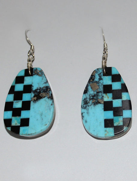 Z Rudy & Mary Coriz<br>Santo Domingo/Ke-Wa Jewelry<br>Earrings - French Wire Pear<br>Turquoise & Jet -1/2 Checkboard