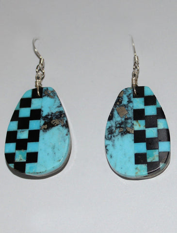 Z Rudy & Mary Coriz<br>Santo Domingo/Ke-Wa Jewelry<br>Earrings - French Wire Pear<br>Turquoise & Jet -1/2 Checkboard