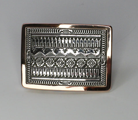 Z Randy Secatero & Sylvana Apache-Navajo<br>3" Western Buckle<br>Stamping Designs <br>Overlay<br>Copper on Sterling Silver