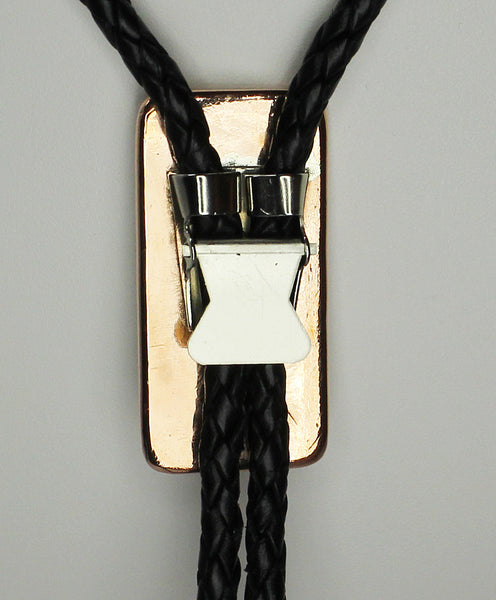 Z Randy Secatero & Sylvana Apache<br>Navajo - Bola/Bolo<br>Small - Diamonds & Dot Designs<br>Copper with Oxidized Silver Overlay and Stamping<br>Heavy Leather Braiding