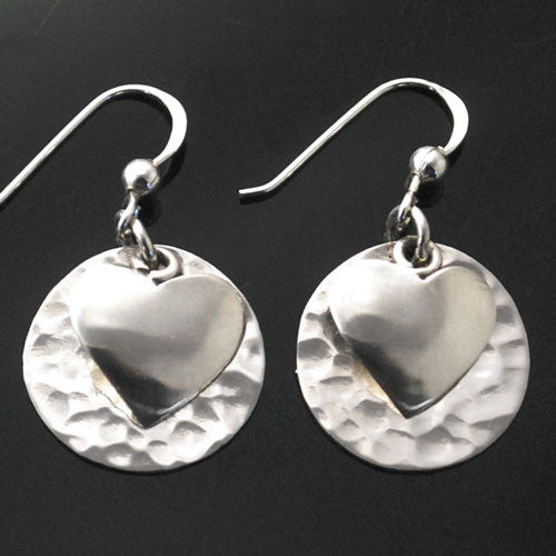 Bryant Martinez - Navajo<br>3/4" Earrings<br>Silver Heart on<br>Hammered Silver Disc<br>French Wire
