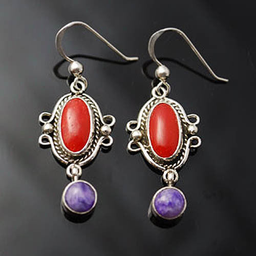 Desbah Begay - Navajo<br>Earrings - French Wire<br>Natural Mediterranean Coral Ovals & Charoite Dots<br>Sterling Silver
