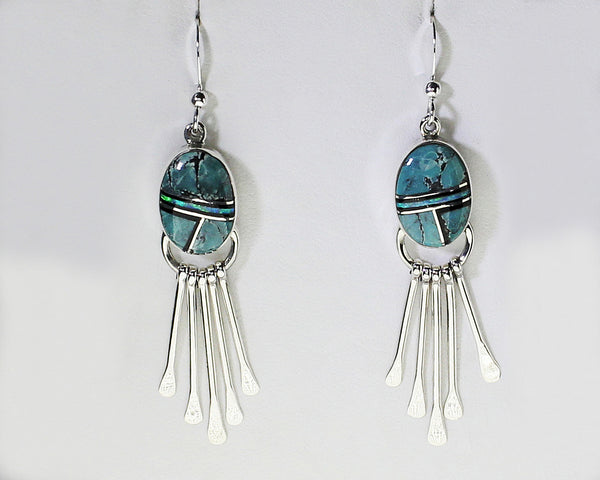 Z Cathy Webster - Navajo Jewelry<br>Earrings - French Wire Dangle<br>Turquoise, Opal, & Onyx<br>Multi-Inlay<br>Sterling Silver Dangle "Paddles"
