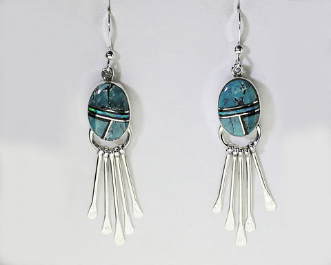 Z Cathy Webster - Navajo Jewelry<br>Earrings - French Wire Dangle<br>Turquoise, Opal, & Onyx<br>Multi-Inlay<br>Sterling Silver Dangle "Paddles"