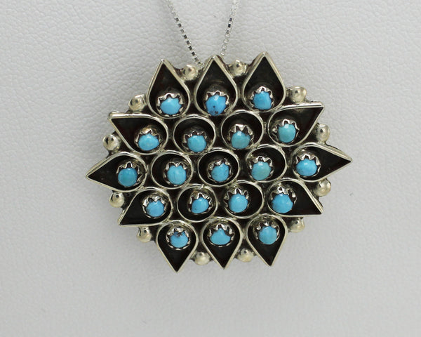 Z Florenda Lonasee - Zuni<br>Pendant/Pin (only) - Flower<br>Snake Eye Sleeping Beauty Turquoise<br>Sterling Silver