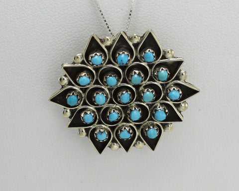 Z Florenda Lonasee - Zuni<br>Pendant/Pin (only) - Flower<br>Snake Eye Sleeping Beauty Turquoise<br>Sterling Silver