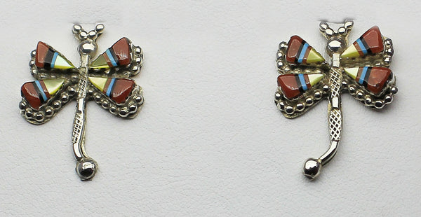 Misc Zuni Jewelry<br>Earrings<br>Small Dragonfly Multi-Inlay<br>Coral, Gold Lip Mother-of-Pearl<br>Turquoise, Jet, Silver<br> Post
