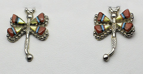 Misc Zuni Jewelry<br>Earrings<br>Small Dragonfly Multi-Inlay<br>Coral, Gold Lip Mother-of-Pearl<br>Turquoise, Jet, Silver<br> Post