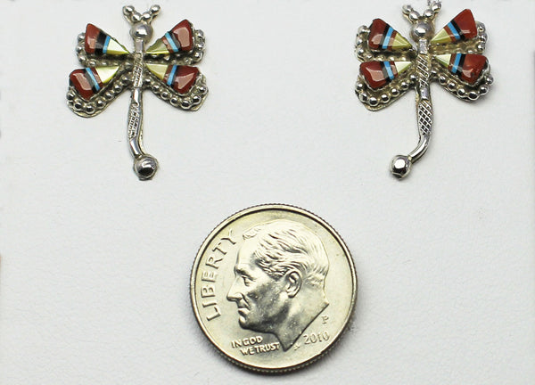 Misc Zuni Jewelry<br>Earrings<br>Small Dragonfly Multi-Inlay<br>Coral, Gold Lip Mother-of-Pearl<br>Turquoise, Jet, Silver<br> Post