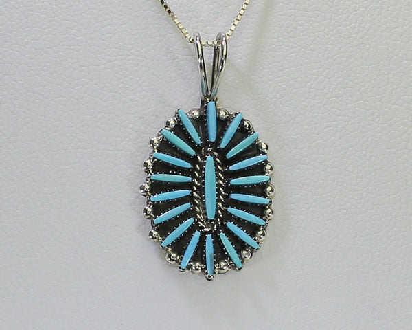 Z Fritz Onaleon (Zuni)<br>Oval Pendant w Chain <br>Native American Jewelry<br>Turquoise Dots with Silver Accents & 18" Chain 2015