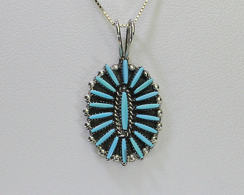 Z Fritz Onaleon (Zuni)<br>Oval Pendant w Chain <br>Native American Jewelry<br>Turquoise Dots with Silver Accents & 18" Chain 2015