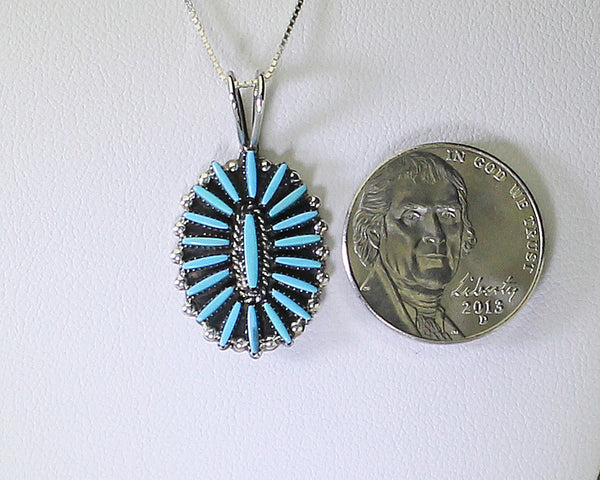 Z Fritz Onaleon (Zuni)<br>Oval Pendant w Chain <br>Native American Jewelry<br>Turquoise Dots with Silver Accents & 18" Chain 2015