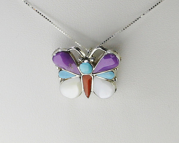 Z Angus Ahiyite - Zuni<br>Native American<br>Butterfly Pendant/Pin w Chain<br>Multi-inlay Turquoise, Coral, White Mother of Pearl<br>with 18" Silver Box Chain