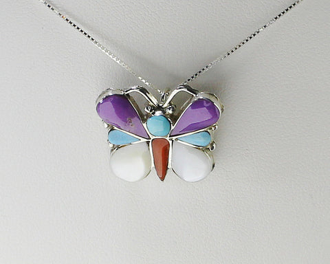 Z Angus Ahiyite - Zuni<br>Native American<br>Butterfly Pendant/Pin w Chain<br>Multi-inlay Turquoise, Coral, White Mother of Pearl<br>with 18" Silver Box Chain
