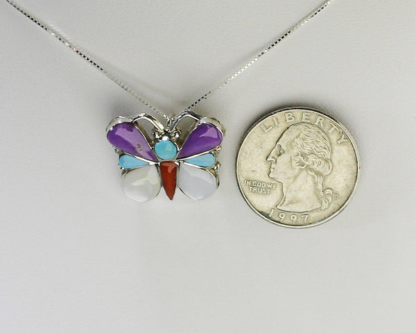 Z Angus Ahiyite - Zuni<br>Native American<br>Butterfly Pendant/Pin w Chain<br>Multi-inlay Turquoise, Coral, White Mother of Pearl<br>with 18" Silver Box Chain