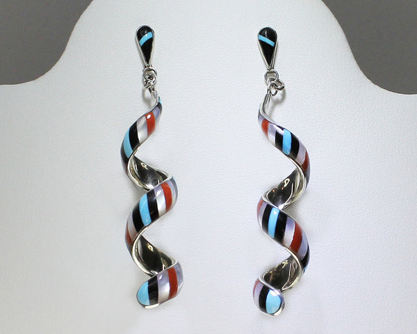 Z Idella Edaakie - Zuni Jewelry<br>Earrings - Dangle-Post Black Top<br>Spiral Multi-Inlay "Barberpole"<br>Jet, Turquoise, Coral,<br>White Mother of Pearl<br>Size Extra Large
