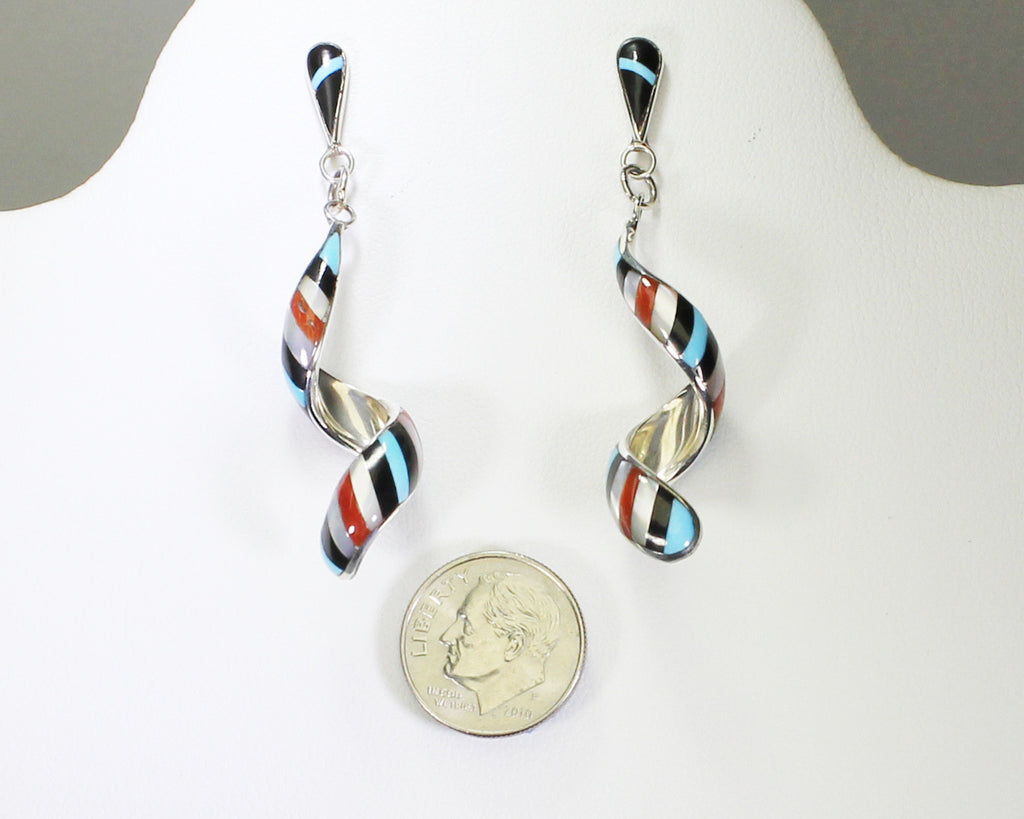 Idella Edaakie Zuni JewelryEarrings Dangle Post Black TopSpiral Mu Native Silver Stone LLC