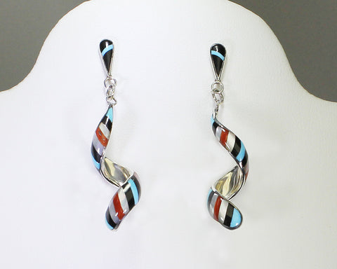 Idella Edaakie - Zuni Jewelry<br>Earrings - Dangle-Post Black Top<br>Spiral Multi-Inlay "Barberpole"<br>Jet, Turquoise, Coral,<br>White Mother of Pearl<br>Size Large
