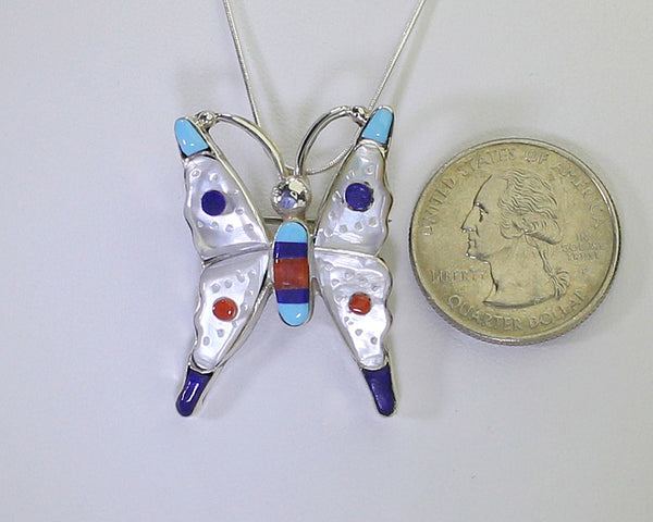 Pasqual Natewa (PN)- Zuni<br>Native American<br>Butterfly Pendant/Pin w Chain<br>Multi-inlay White Mother of Pearl, Lapis, Coral, Turquoise<br>with 18" Silver Snake Chain