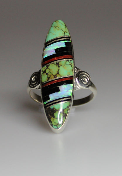 Z Cathy Webster - Navajo<br>1-3/8"  Ring<br>Multi-Inlay Long Oval<br>Green Turquoise, Onyx, Coral, Opal<br>Size 9