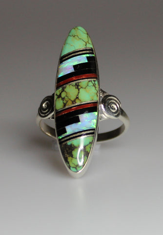 Z Cathy Webster - Navajo<br>1-3/8"  Ring<br>Multi-Inlay Long Oval<br>Green Turquoise, Onyx, Coral, Opal<br>Size 9