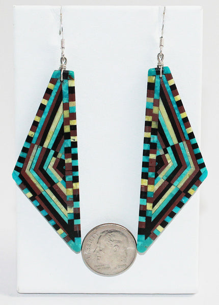 Z Scalene Triangle Optical Illusion Inlay Earrings - French Wire<br>Eugene & Georgia Sanchez<br>Turquoise, Serpentine, Jet, and Pipestone.