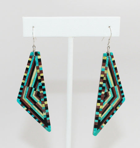 Z Scalene Triangle Optical Illusion Inlay Earrings - French Wire<br>Eugene & Georgia Sanchez<br>Turquoise, Serpentine, Jet, and Pipestone.