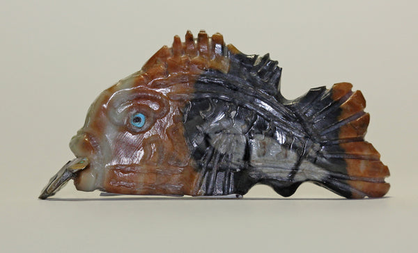 Z Fish - Dragonfly in Mouth<br>Zuni Fetish Carving<br>Joshua Lasiloo<br>Picasso Marble, Abalone Shell<br>Turquoise Accents