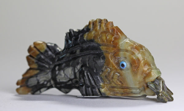 Z Fish - Dragonfly in Mouth<br>Zuni Fetish Carving<br>Joshua Lasiloo<br>Picasso Marble, Abalone Shell<br>Turquoise Accents