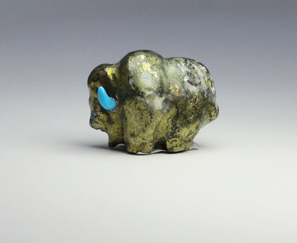 Z Bison/Buffalo<br>Zuni Fetish Carving<br>Michael Sanchez<br>Iron Pyrite (Fool's Gold)<br>with Turquoise Accents
