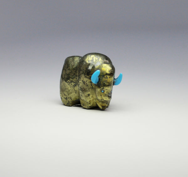 Z Bison/Buffalo<br>Zuni Fetish Carving<br>Michael Sanchez<br>Iron Pyrite (Fool's Gold)<br>with Turquoise Accents