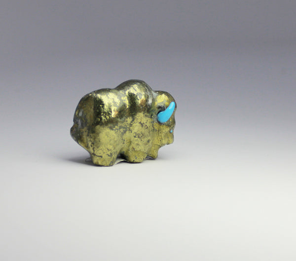 Z Bison/Buffalo<br>Zuni Fetish Carving<br>Michael Sanchez<br>Iron Pyrite (Fool's Gold)<br>with Turquoise Accents