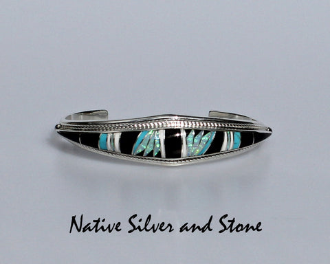 Z Nataanii-John Charley Navajo<br>Bracelet - Cuff<br>Multi-Inlay Feathercut Design<br>Black Onyx, Imitation Opal<br>Howlite, & Turquoise<br>6-3/8 (Medium)