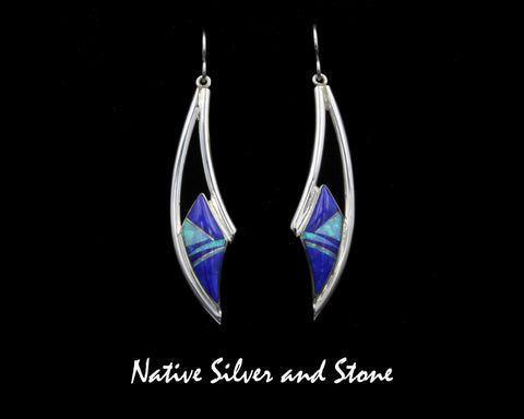 Z Nataanii - John Charley, Navajo<br>2" Earrings - "Machete"<br>Multi-Inlay - Lapis & Opal<br>Hook<br>Sterling Silver