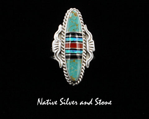 Nataanii (John Charley) - Navajo<br>1-1/2" Ring<br>Multi-Inlay Long Oval<br>Green Turquoise, Onyx, Coral, Opal<br>Size 8