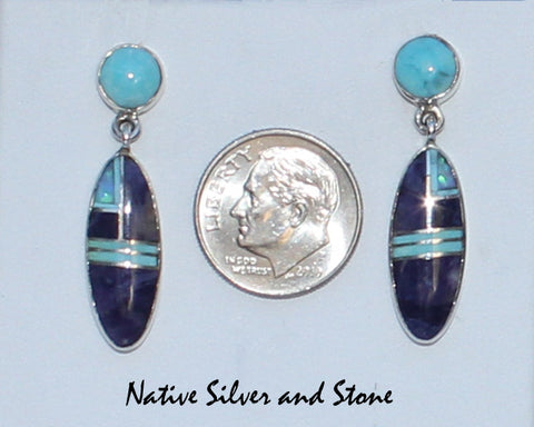 Z Nataanii - John Charley - Navajo<br>Earrings - Dangle Post Multi-Inlay <br>Oval of Sodalite, Turquoise, Opal with Turquoise Dot