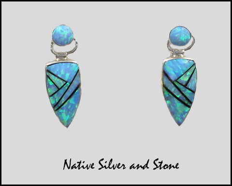 Nataanii, (John Charley) - Navajo<br>1" Earrings - Dangle Post Multi-Inlay <br>Spear with Circle on Swivel Top<br>Blue & White Opal & Onyx<br>Sterling Silver