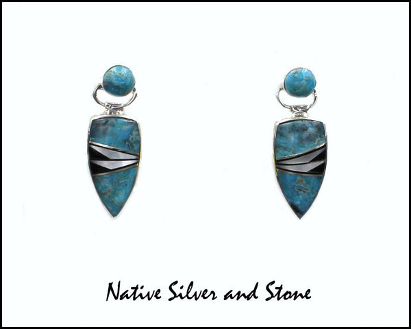 Nataanii, (John Charley) - Navajo<br>1" Earrings - Dangle Post Multi-Inlay <br>Spear with Circle on Swivel Top<br>Wide Feathercut<br>Kingman Turquoise, Onyx,<br>& Magnesite<br>Sterling Silver