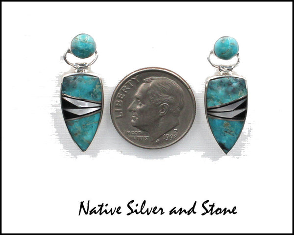 Nataanii, (John Charley) - Navajo<br>1" Earrings - Dangle Post Multi-Inlay <br>Spear with Circle on Swivel Top<br>Wide Feathercut<br>Kingman Turquoise, Onyx,<br>& Magnesite<br>Sterling Silver