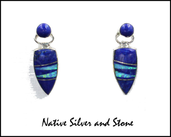 Z Nataanii, (John Charley) - Navajo<br>1" Earrings - Dangle Post Multi-Inlay <br>Spear with Circle on Swivel Top<br>Long Feathercut<br>Lapis Lazuli & Opal<br>Sterling Silver