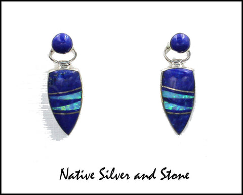 Z Nataanii, (John Charley) - Navajo<br>1" Earrings - Dangle Post Multi-Inlay <br>Spear with Circle on Swivel Top<br>Long Feathercut<br>Lapis Lazuli & Opal<br>Sterling Silver