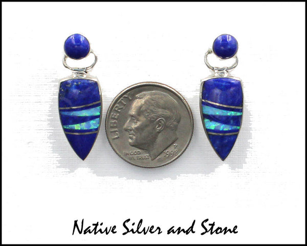 Z Nataanii, (John Charley) - Navajo<br>1" Earrings - Dangle Post Multi-Inlay <br>Spear with Circle on Swivel Top<br>Long Feathercut<br>Lapis Lazuli & Opal<br>Sterling Silver
