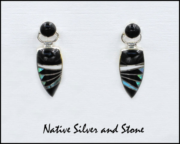 Nataanii, (John Charley) - Navajo<br>1" Earrings - Dangle Post Multi-Inlay <br>Spear with Circle on Swivel Top<br>Feathercut - Onyx,<br>Magnesite, Opal, Turquoise, & <br>Sterling Silver