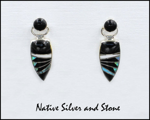 Nataanii, (John Charley) - Navajo<br>1" Earrings - Dangle Post Multi-Inlay <br>Spear with Circle on Swivel Top<br>Feathercut - Onyx,<br>Magnesite, Opal, Turquoise, & <br>Sterling Silver